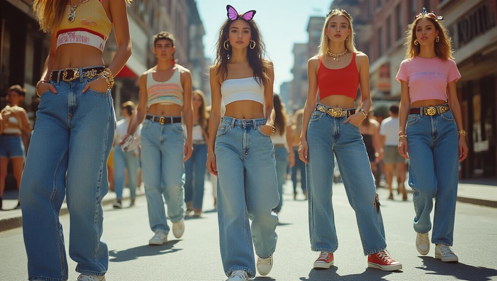 Bright young women fashionably dressed in trendy crop tops and high-waisted jeans walking down a city street, promoting stylish casual wear during a lively outdoor shopping event.