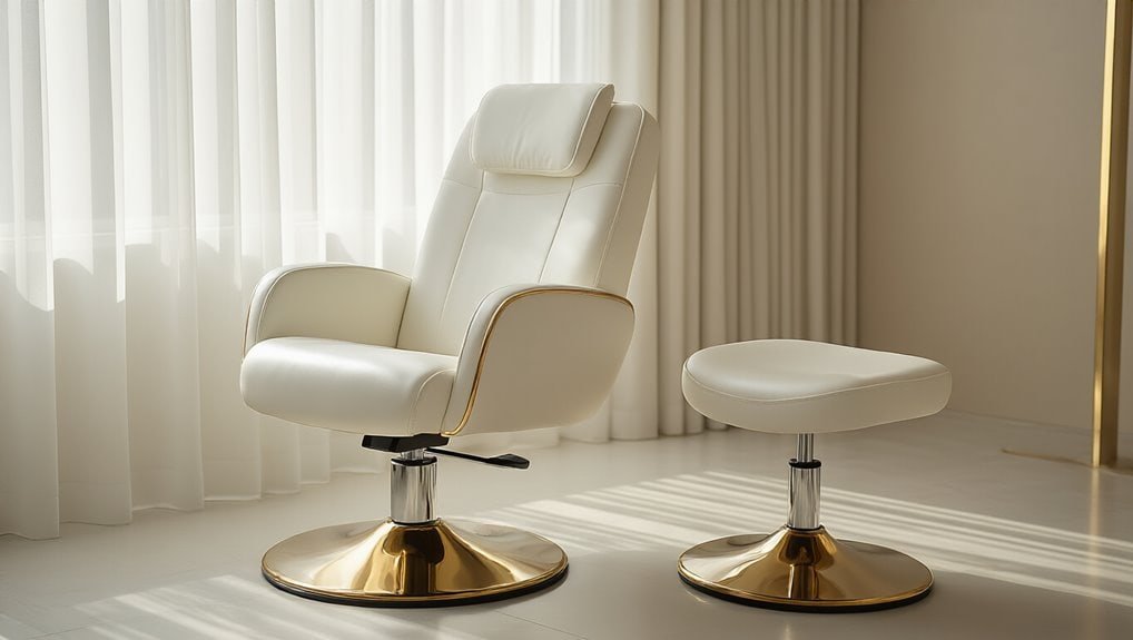 Modern luxurious white leather office chair with gold accents and matching ottoman, perfect for upscale home or executive office setup. Featuring adjustable height and ergonomic design for comfort.