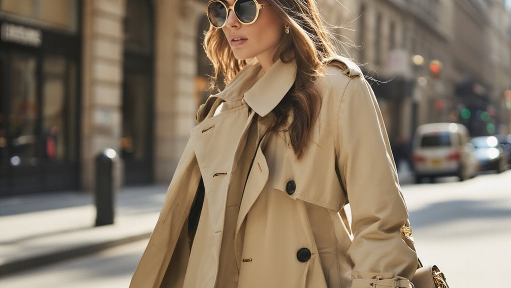 Stylish woman wearing a beige trench coat and sunglasses walking on city street during sale event.