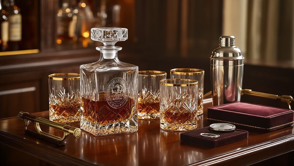 Luxurious crystal decanter and glassware set with whiskey and bar accessories on a wooden bar counter, perfect for home bar entertainment and upscale beverage serving.