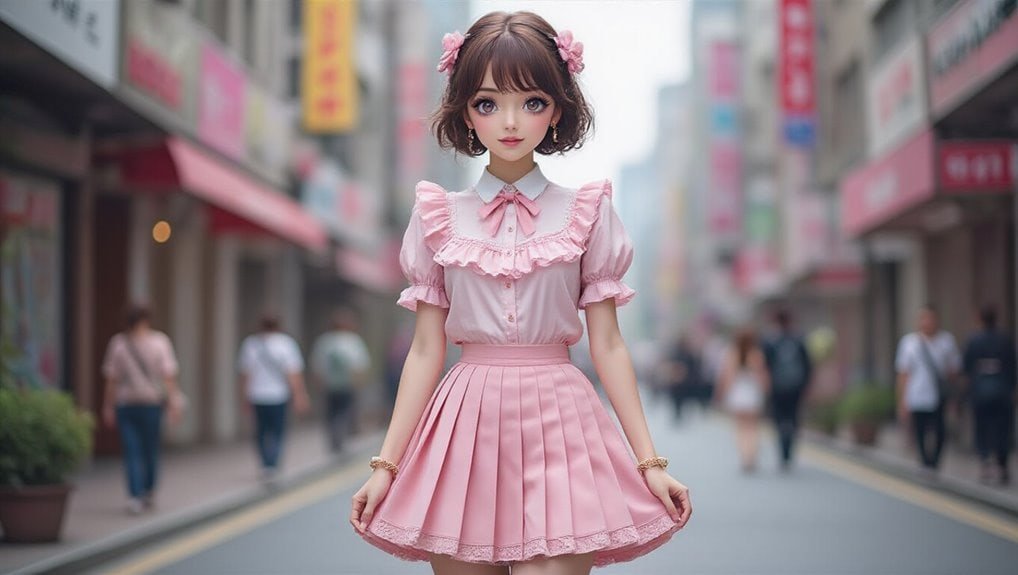 Stylish young woman in pink outfit walking in busy city street, showcasing trendy fashion and confident style for saleislive.com sale event.