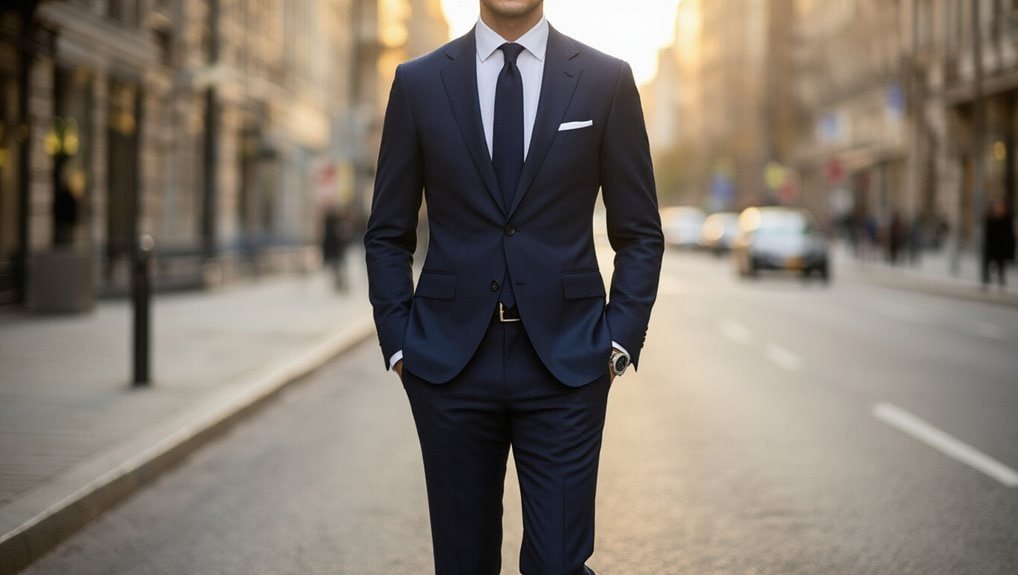Elegant businessman in a navy suit walking on city street during sunset, symbolizing professional success and confidence.