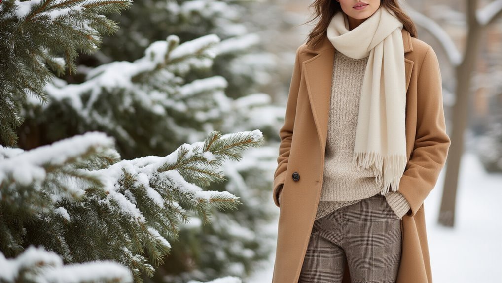 Warm winter fashion featuring a cozy beige coat, knit sweater, and large scarf outdoors with snow-covered trees, perfect for seasonal sale shopping.