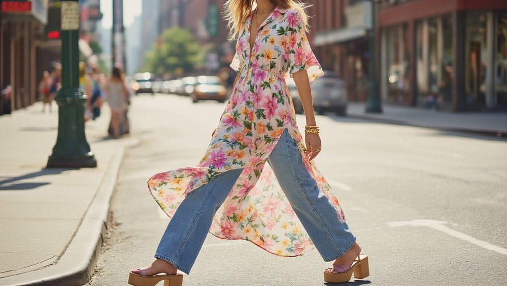 Bright floral dress with high-low hem perfect for summer sale events, paired with trendy blue jeans and tan platform heels. Ideal for fashion-forward shoppers looking for stylish deals.