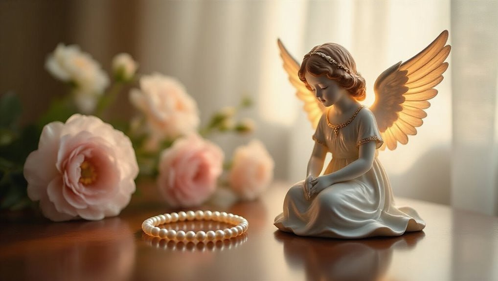 Angel figurine with pearl bracelet and pink roses, symbolizing peace and elegance, ideal for gift or home decor during sales and promotions.