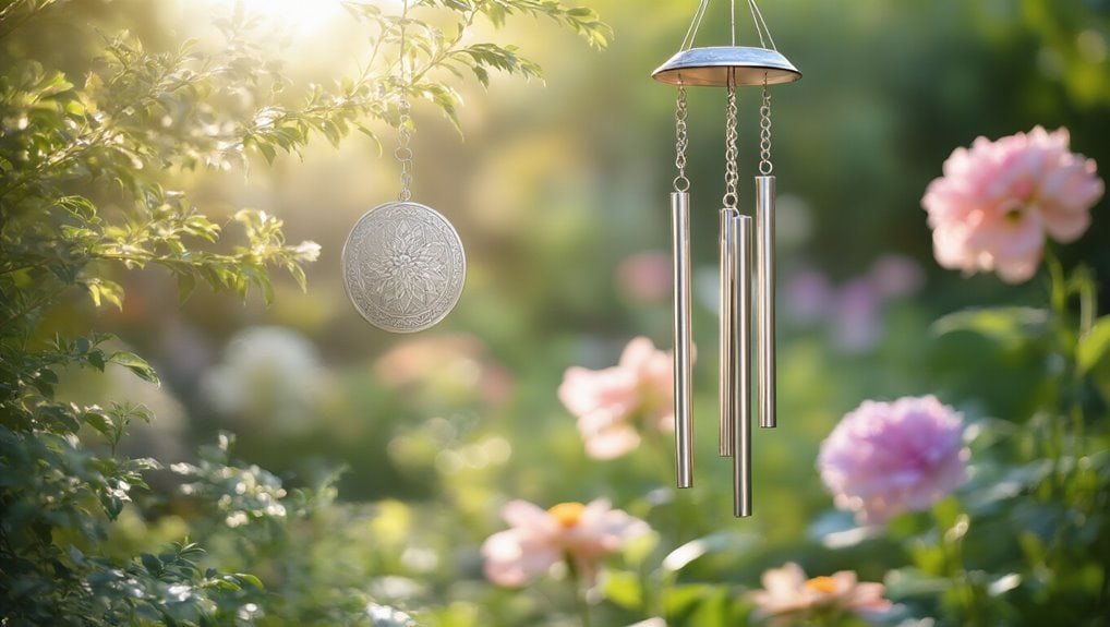Vintage metal wind chimes hanging outdoors in a lush garden with blooming flowers, perfect for home decor and creating soothing sounds, ideal for a tranquil garden setting.
