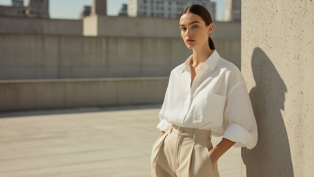 Stylish woman in white blouse and beige trousers at sunset, showcasing modern fashion for sale, perfect for online shopping deals and fashion sales.