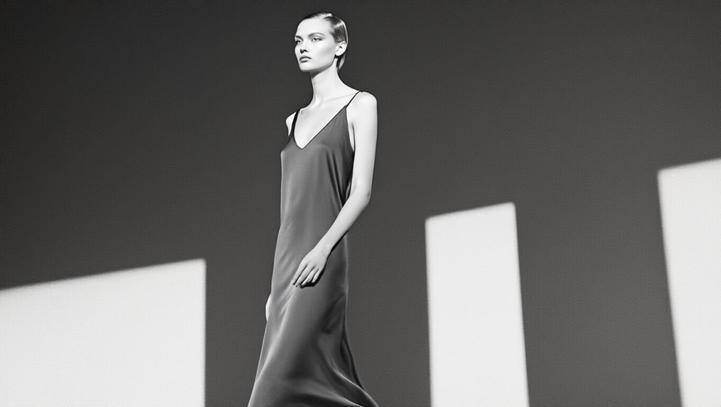 Elegant black and white fashion model wearing a silky slip dress in a modern photoshoot, highlighting sale and fashion deals on SaleIsLive.com. Perfect for style enthusiasts and bargain shoppers.