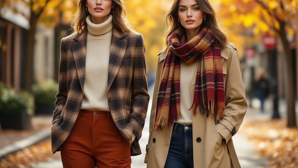 Cozy fall fashion featuring women in stylish plaid and trench coats on a leaf-covered street during autumn, showcasing seasonal clothing deals from Sale is Live.