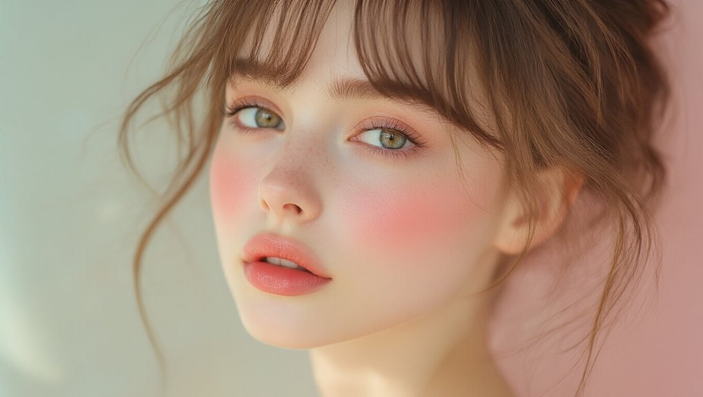Brightly lit portrait of a young woman with clear, glowing skin, soft makeup, and subtle pink blush, emphasizing beauty, skincare, and makeup products.