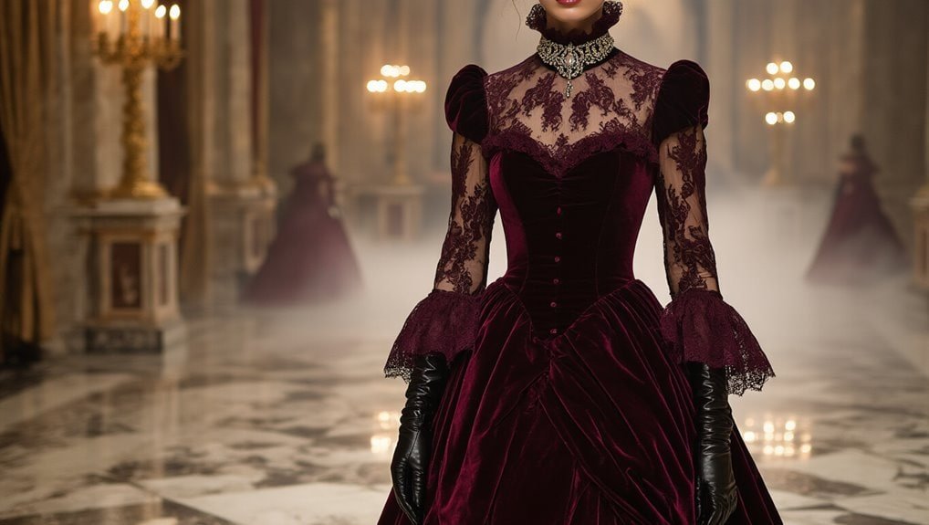 Luxurious burgundy velvet Victorian-style gown with lace details, high neck, puff sleeves, and elegant design, ideal for special occasions and formal events.