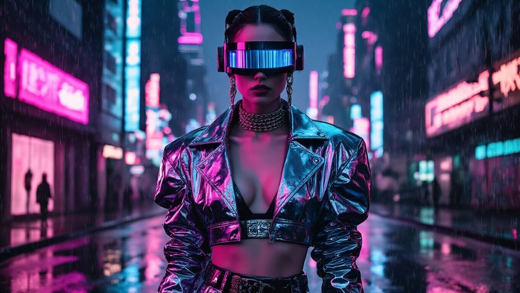 Futuristic woman wearing holographic jacket and VR glasses in neon-lit city street at night, showcasing cutting-edge fashion and virtual reality technology.
