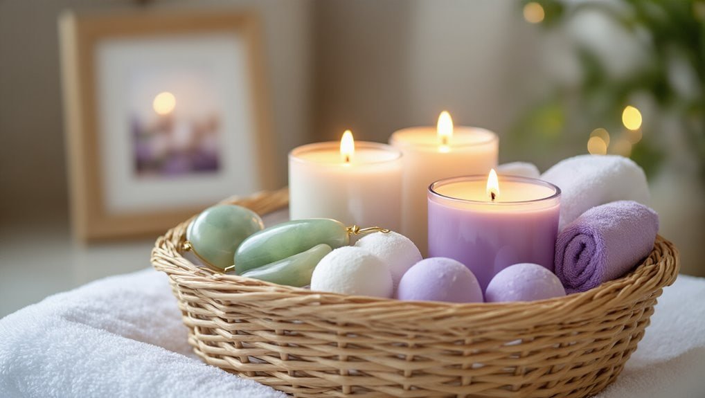 Soft candlelight and relaxing spa elements, including candles, rolled towels, and smooth stones, creating a calming atmosphere perfect for relaxation and self-care routines.