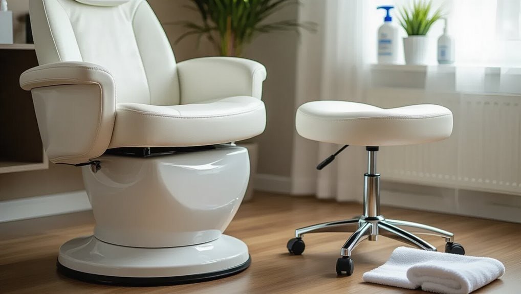 Luxurious white medical or dental examination chair with matching stool set in a modern clinic environment. Perfect for professional healthcare, dental, or cosmetic treatment spaces.