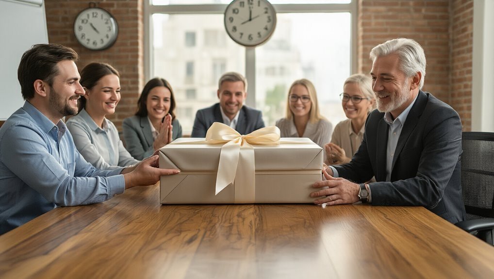 A happy team celebrating the "Sale is Live" event with a gift exchange in a modern office during a promotional sale.
