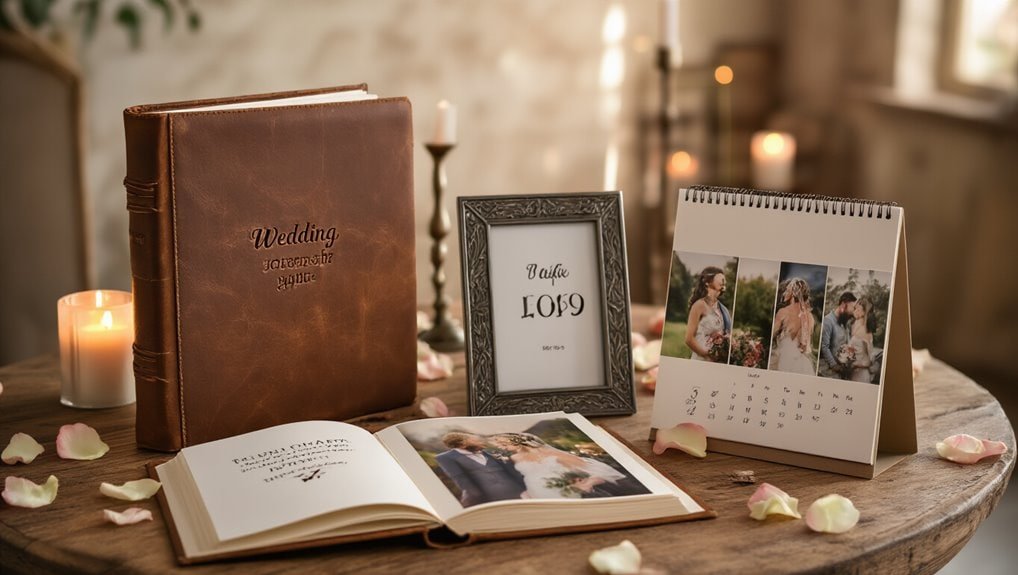 Leather wedding photo album with framed wedding memories and floral-themed calendar display on rustic wooden table, romantic ambiance with candles and rose petals.