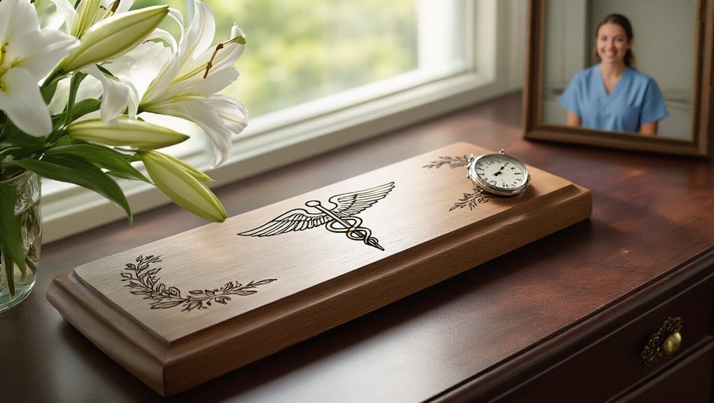 A medical caduceus symbol engraved on a wooden desk, with a silver pocket watch and a framed photo of a smiling healthcare worker in the background, near a window with fresh flowers.