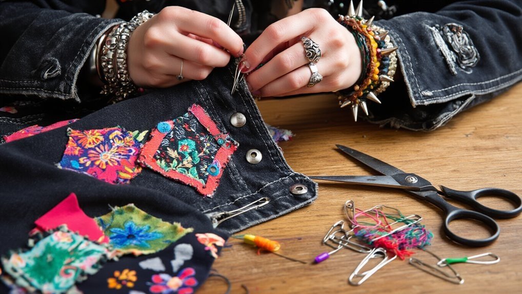 Colorful denim jacket patches being sewn with scissors and pins on a wooden table at Sale is Live. Shop trendy, handcrafted clothing accessories for a unique style.