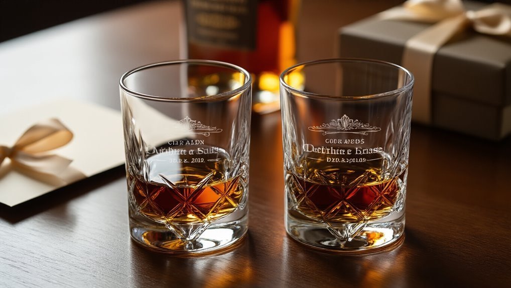 Golden whiskey glasses engraved with personalized messages, set on a polished wooden table, surrounded by elegantly wrapped gifts, perfect for celebrating special occasions and making memorable moments.