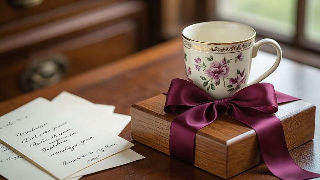 Beautiful floral teacup with gold accents on a wooden box wrapped with a satin burgundy ribbon, surrounded by handwritten notes, perfect for fostering warm moments and special gift-giving.