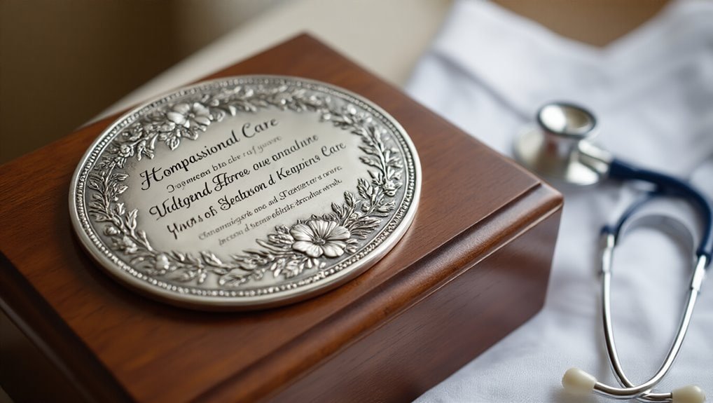 Elegant silver commemorative plaque on wooden base honoring healthcare professionals, symbolizing appreciation for compassionate care and dedication.