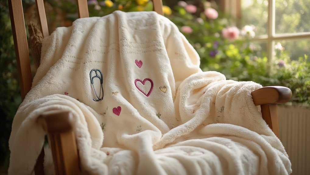 Soft plush cream-colored blanket with embroidered hearts and stethoscope, draped over wooden armchair in a cozy home setting, perfect for comfort, warmth, and home decor.