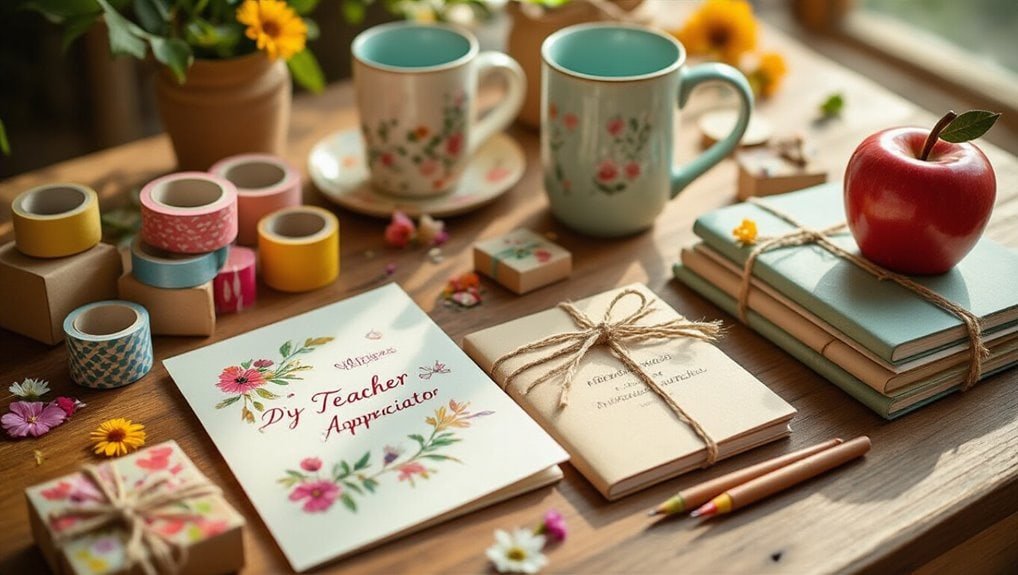 Beautiful teacher appreciation gifts including personalized cards, mugs, notebooks, washi tapes, and flowers, perfect for celebrating educators during sales events or special occasions.