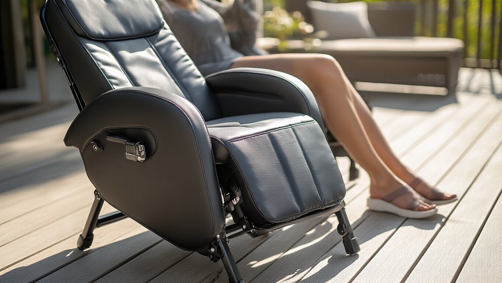 Reclining massage chair on a wooden patio, promoting relaxation and wellness during Sale is Live outdoor event; perfect for home relaxation furniture shopping.