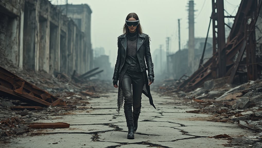 Futuristic woman in leather jacket and sunglasses walking through a destroyed urban environment showcasing stylish fashion for sale.