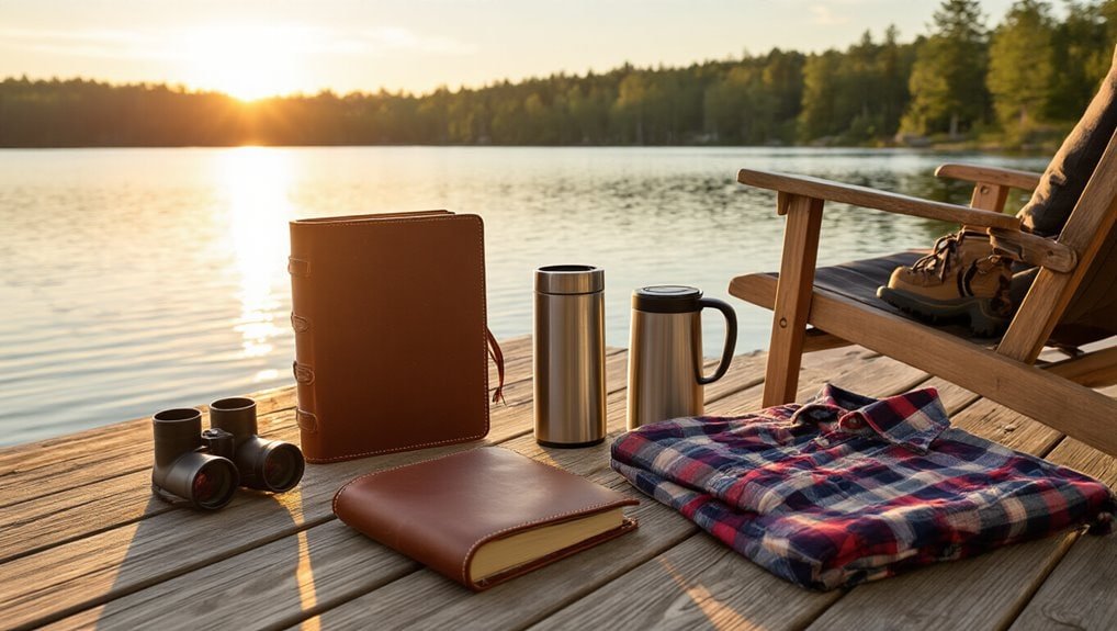Relaxing lakeside scene with camping gear, must-have accessories for outdoor adventures, and a beautiful sunset, promoting Sale is Live outdoor and recreational sale events.