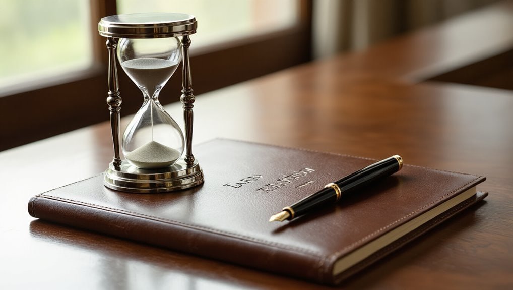 Sand timer on a brown leather notebook with a black and gold pen, symbolizing urgency and time-sensitive deals in sale events. Perfect for promoting limited-time offers during sale seasons.