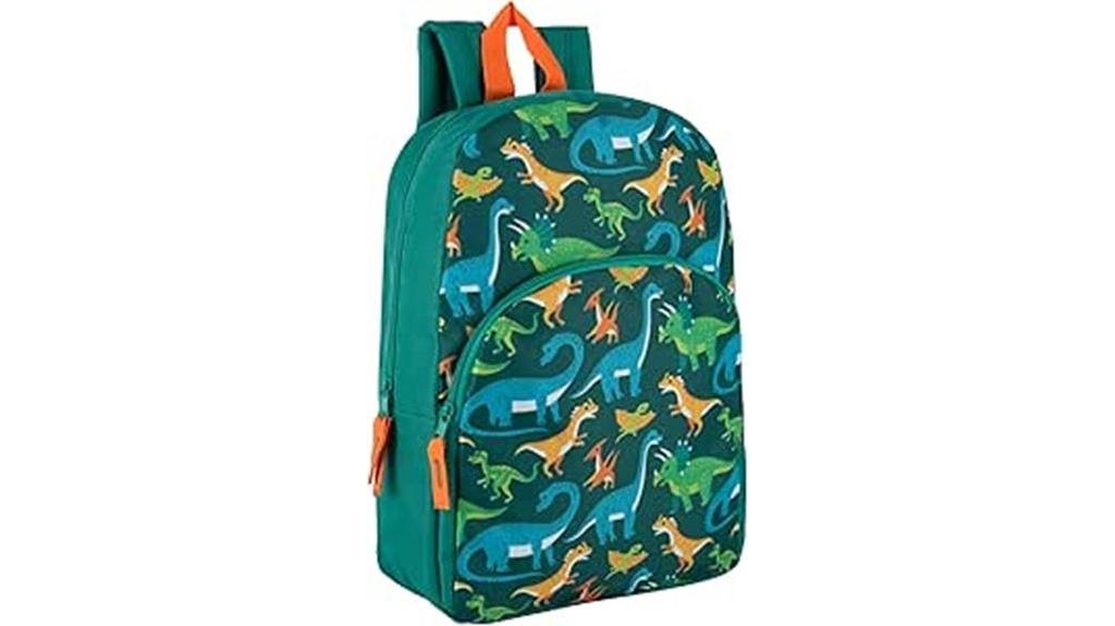 Bright children's backpack with colorful dinosaur print, perfect for school or outings, featuring multiple compartments and adjustable straps for comfortable wear.