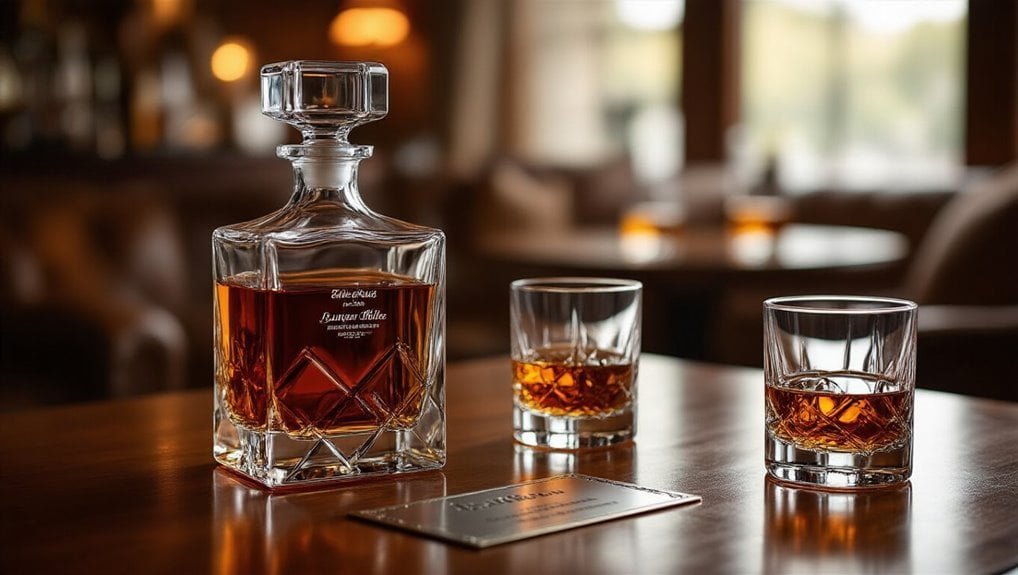 Crystal decanter with whiskey and two glasses on a wooden table, cozy bar setting, warm lighting, perfect for sale event.
