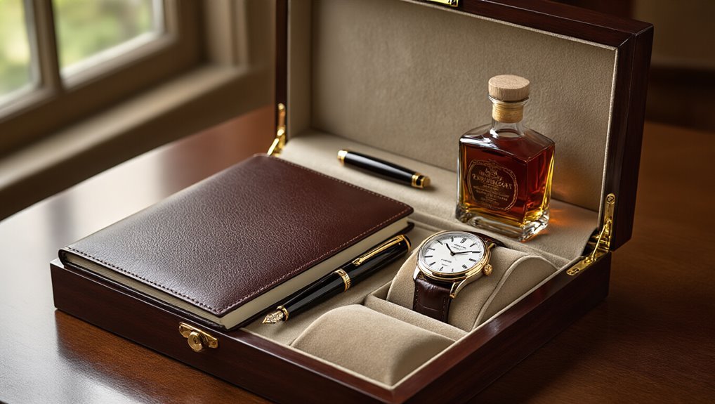 Luxury watch and pen gift set in a wood box with whiskey, notebook, and pen for sale, ideal for corporate gifts or special occasions, perfect for luxury accessories enthusiasts, sale is live.