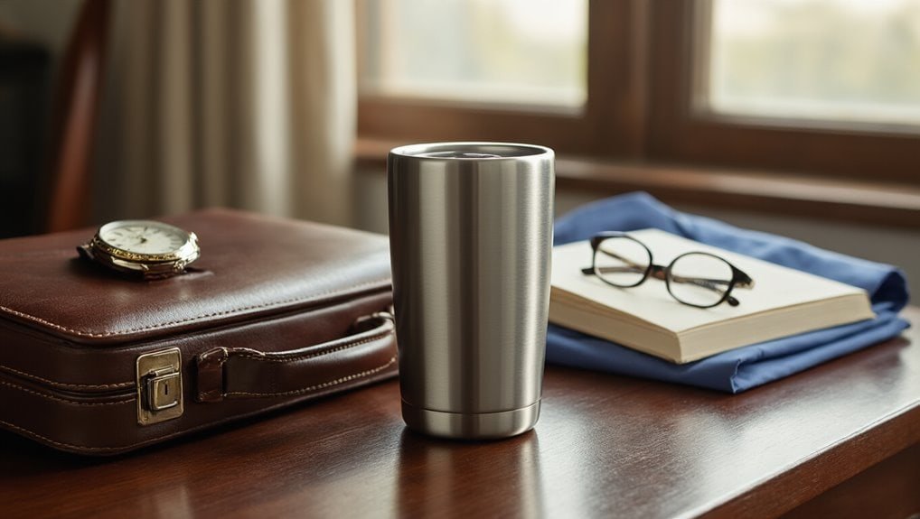 Stainless steel travel tumbler, glasses, notebook, and vintage wristwatch on wooden desk near window. Perfect for office, home, or on-the-go coffee and beverage solutions.