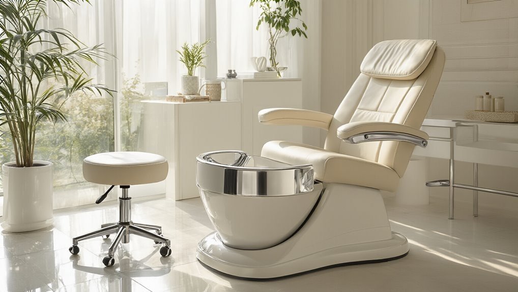 Luxury salon pedicure chair with foot bath, modern spa treatment chair for beauty salon or nail salon, white leather ergonomic design, stylish and comfortable for clients.