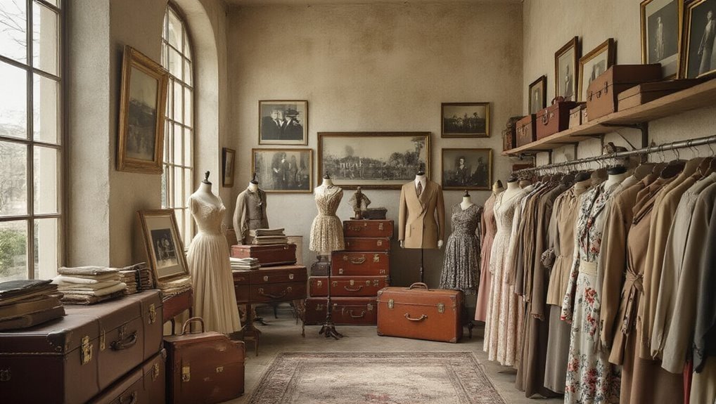 Vintage clothing and accessories display in a cozy, well-lit room with antique suitcases and framed photos, perfect for a vintage sale or boutique event.