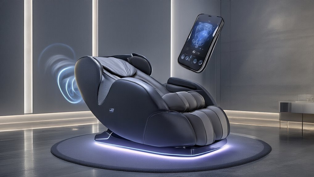 Futuristic massage chair with floating touchscreen control in a modern, sleek room, showcasing advanced comfort and relaxation technology.