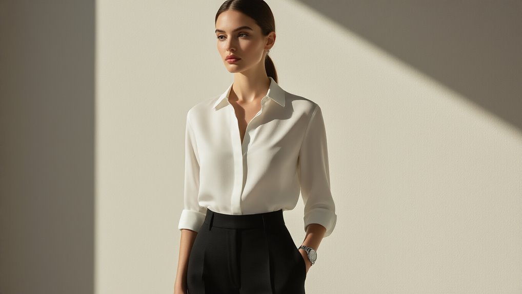 Elegant businesswoman in white blouse and black trousers promoting sale event at Sale is Live, emphasizing stylish, professional attire with exclusive discounts.