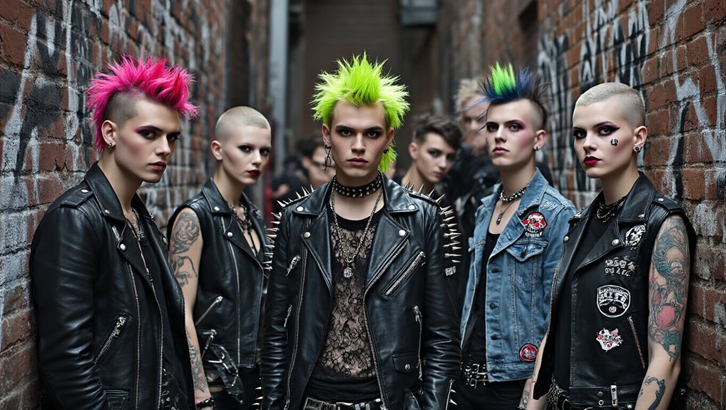 Punk rockers with vibrant colorful mohawk hairstyles embracing alternative fashion in an urban alleyway, showcasing rebellious street style with leather jackets and tattoos for a bold fashion statement.