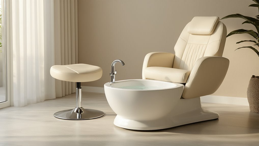 Futuristic pedicure chair with built-in soaking tub, comfortable cream-colored seat, and modern design ideal for luxury spa treatments. Perfect for professional salons and wellness centers.