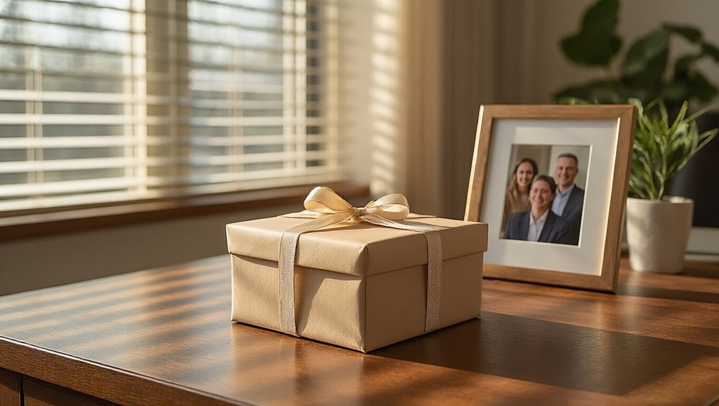 A beautifully wrapped gift box with a gold ribbon sitting on a wooden table, next to a family photo in a frame and a potted plant, showcasing a warm and inviting home atmosphere for Sale Is Live.