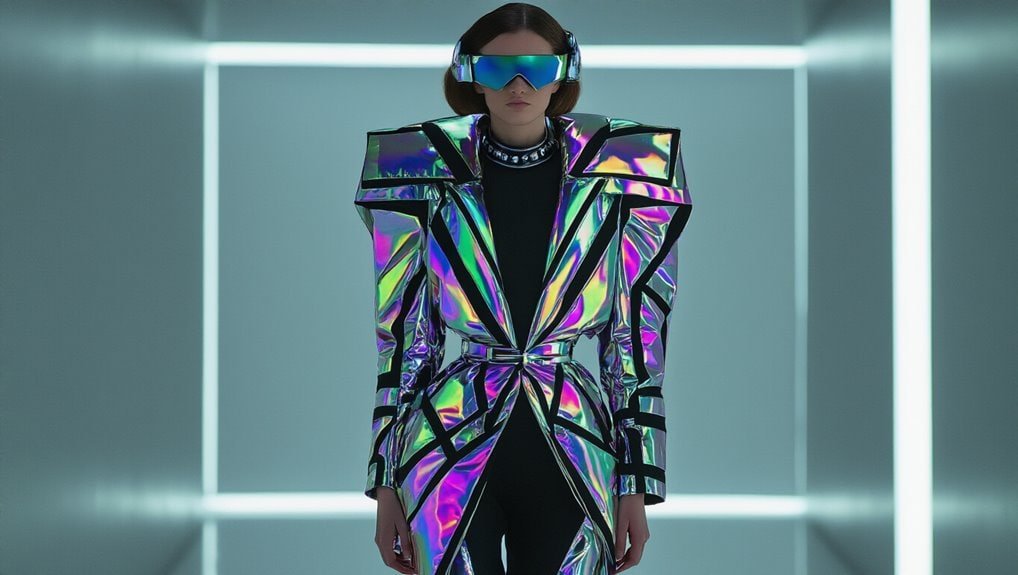 Mirror-like holographic futuristic jacket worn by a model with high-tech sunglasses in a sleek modern setting, emphasizing innovative fashion, sale, and discounts.