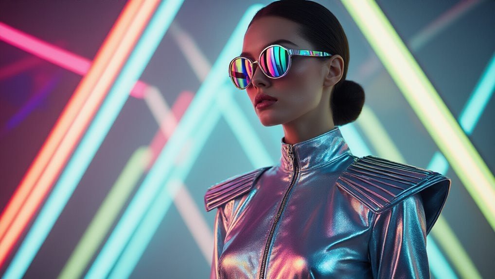 Vibrant futuristic neon fashion featuring a woman in holographic metallic clothing and stylish rainbow mirrored sunglasses at Sale is Live sale event.