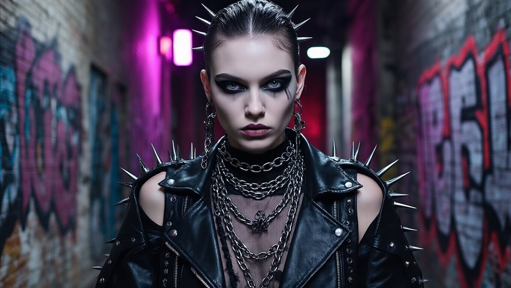 Leather punk goth woman with spikes and chains in an urban alley during Sale is Live sale event.