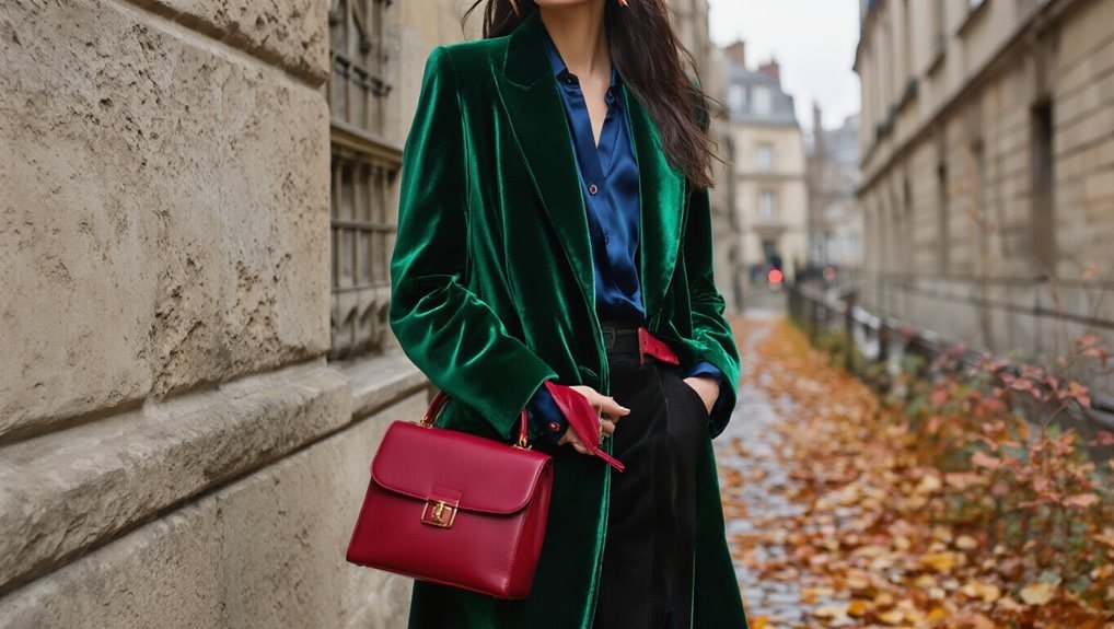 Stylish woman dressed in a green velvet blazer, blue shirt, and black trousers holding a red handbag, standing on an autumn street for a fashion sale promotion.