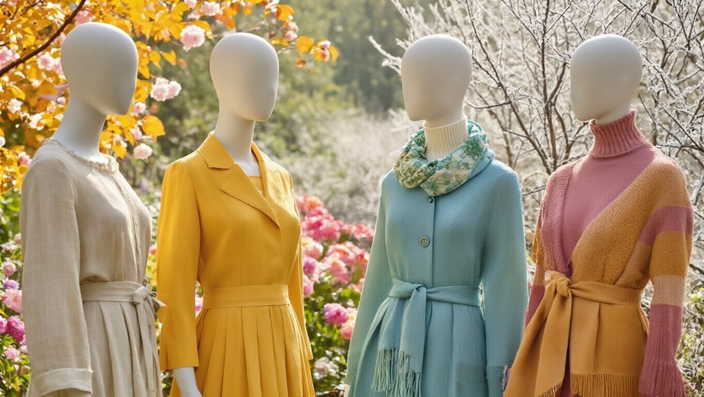 Bright spring outfits displayed on mannequin torsos amidst colorful blooming garden for Sale is Live promotional event. Trendy seasonal fashion for women showcased outdoors.