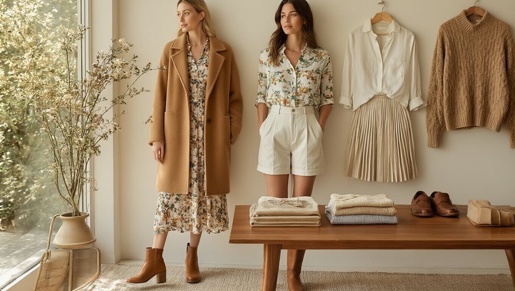 Elegant fall fashion display featuring women's clothing, with cozy sweaters, skirts, and blouses, perfect for seasonal shopping during sale events at Sale is Live.