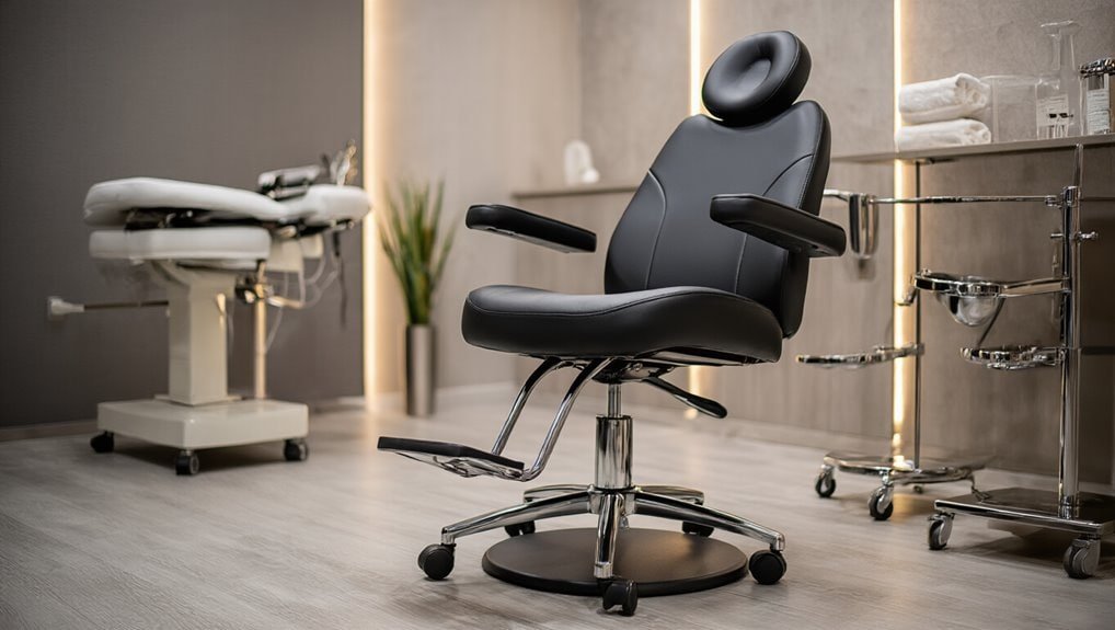 Comfortable black ergonomic office chair in modern medical or dental clinic setting, featuring adjustable height and backrest, ideal for healthcare professionals.