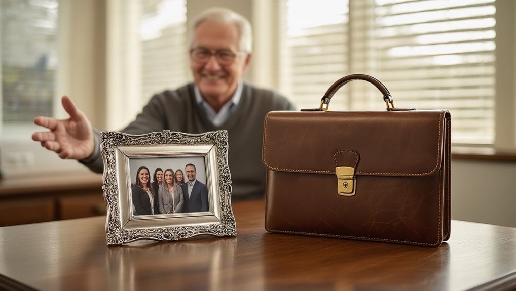 Elegant brown leather briefcase with gold lock and handle, placed on a wooden table next to a family photo frame, in a bright office setting.